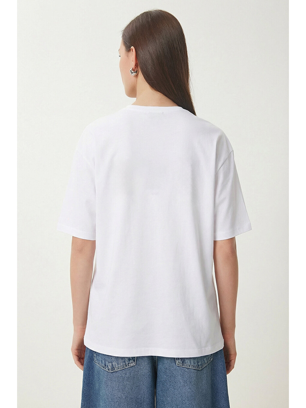 Beyaz Baskılı Oversize Pamuklu Örme T-shirt BEYAZ LZE0003-3
