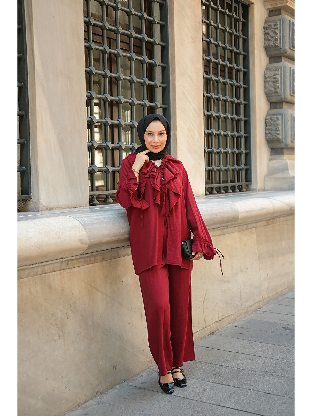 Kadın Fırfır Detay İkili Takım Bordo-1