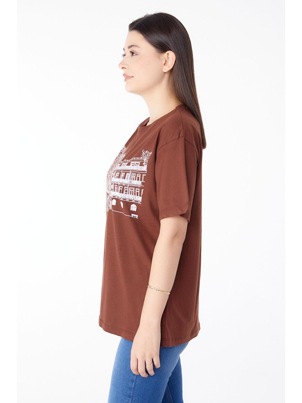 TOFİSA Kahverengi Düz Bisiklet Yaka Kadın Kahverengi Baskılı Kısa Kollu T-Shirt  - 25389 - 3