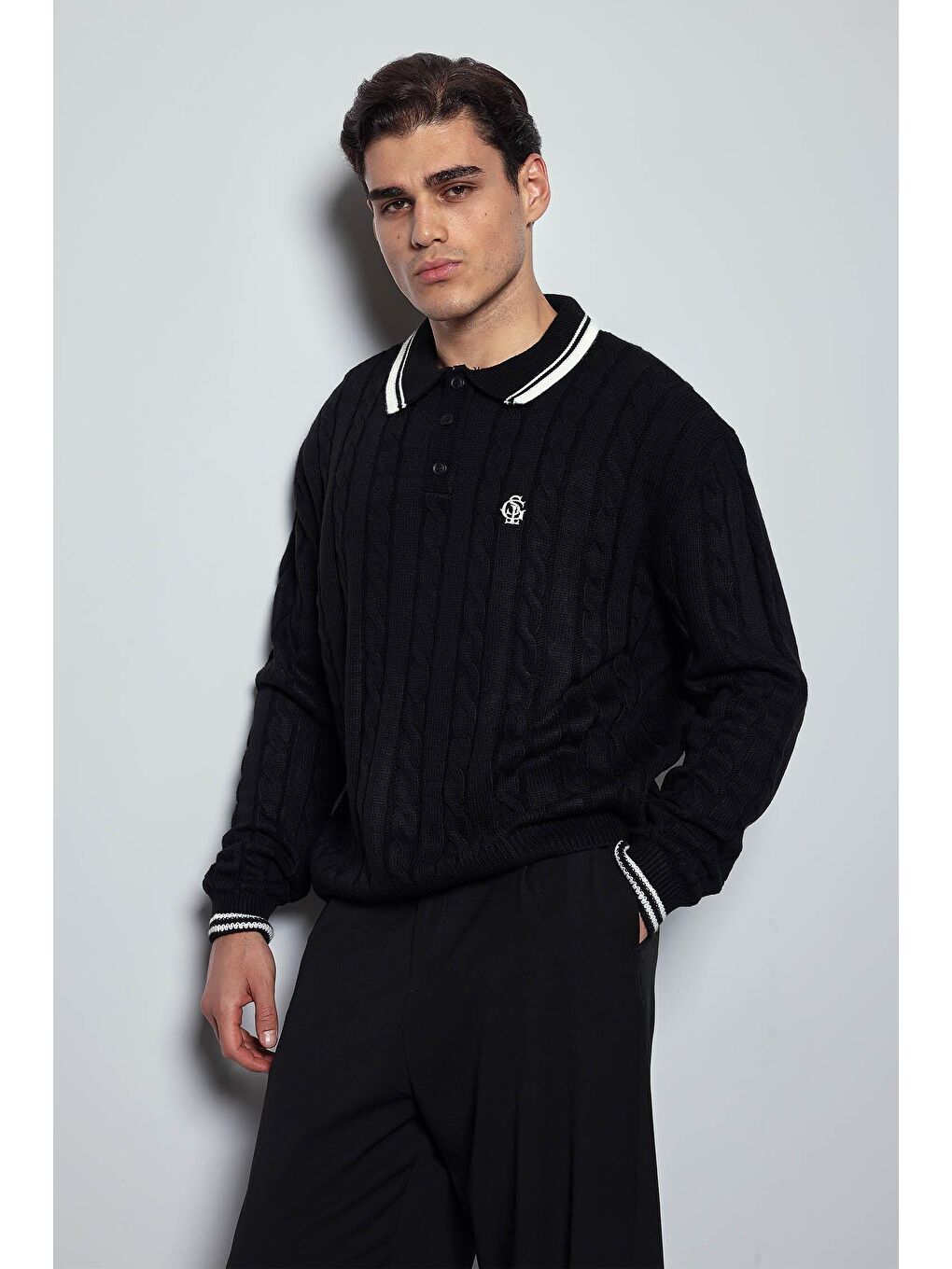 Erkek Oversize Polo Yaka Örgü Desenli Triko Kazak Siyah-4