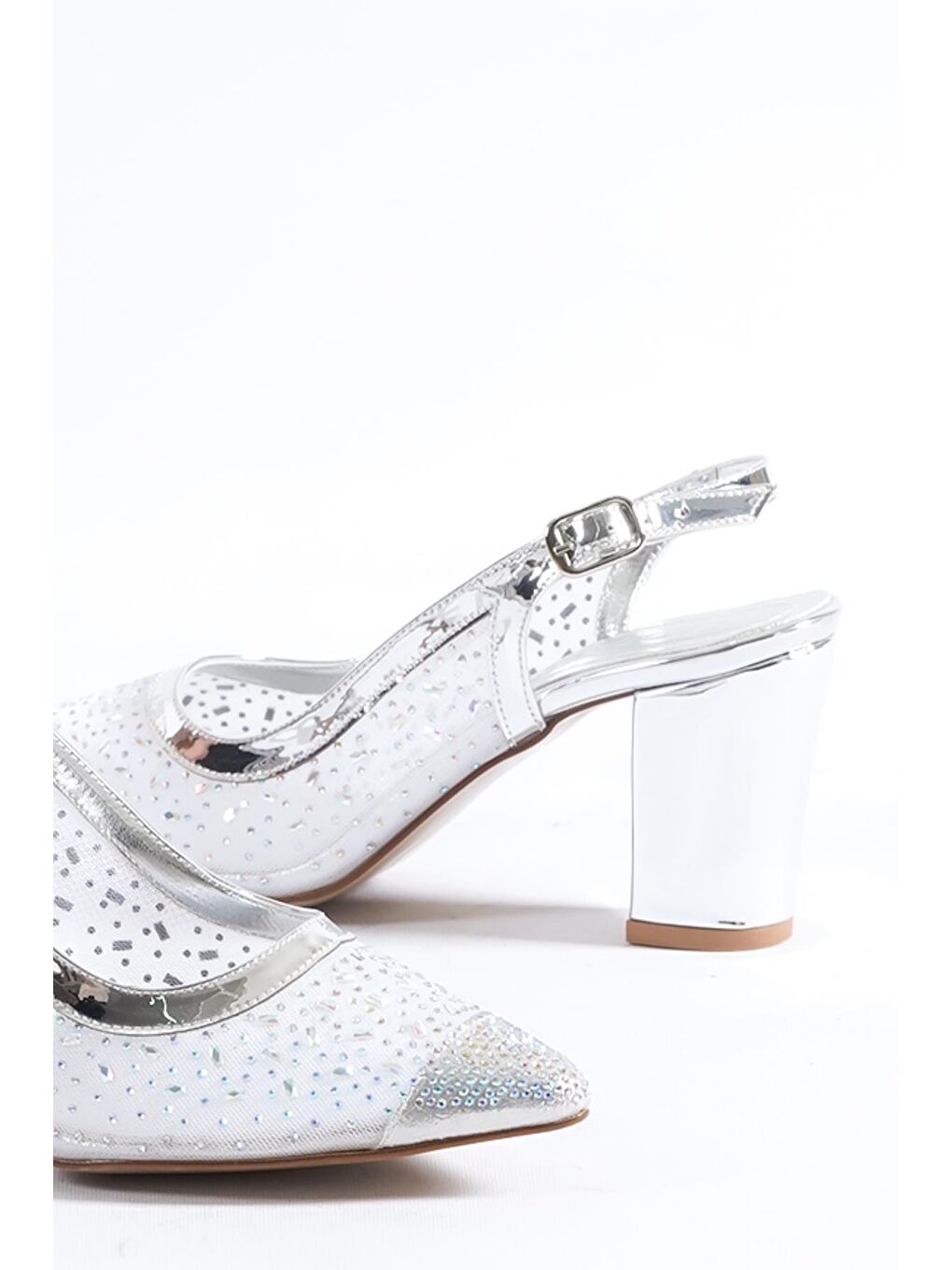 Gri 145 Kadın Topuklu Taşlı Arkası Açık Ayakkabı