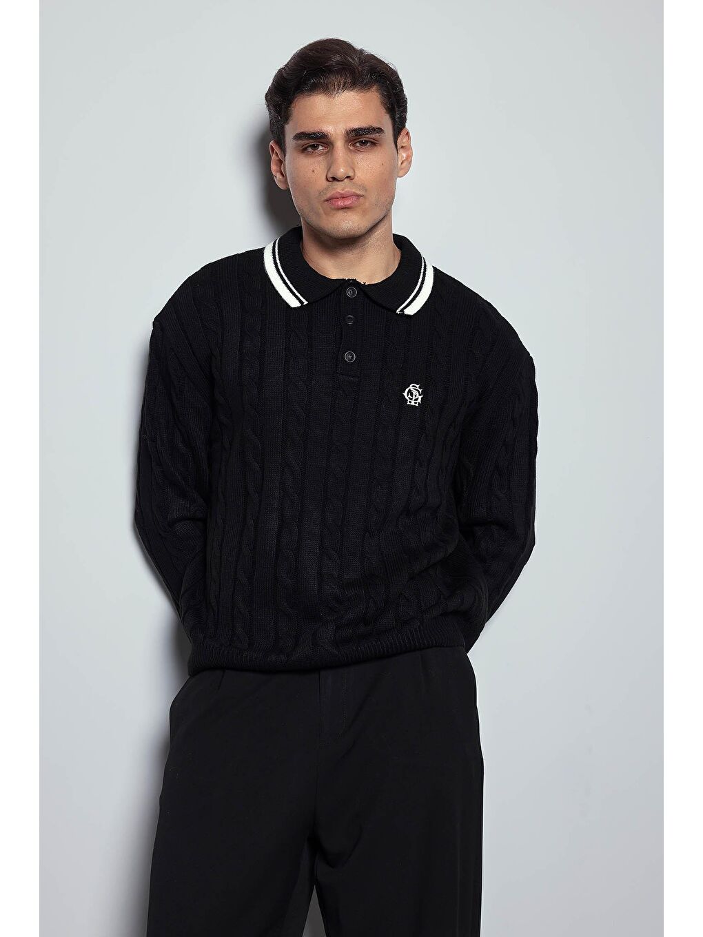 Erkek Oversize Polo Yaka Örgü Desenli Triko Kazak Siyah-5