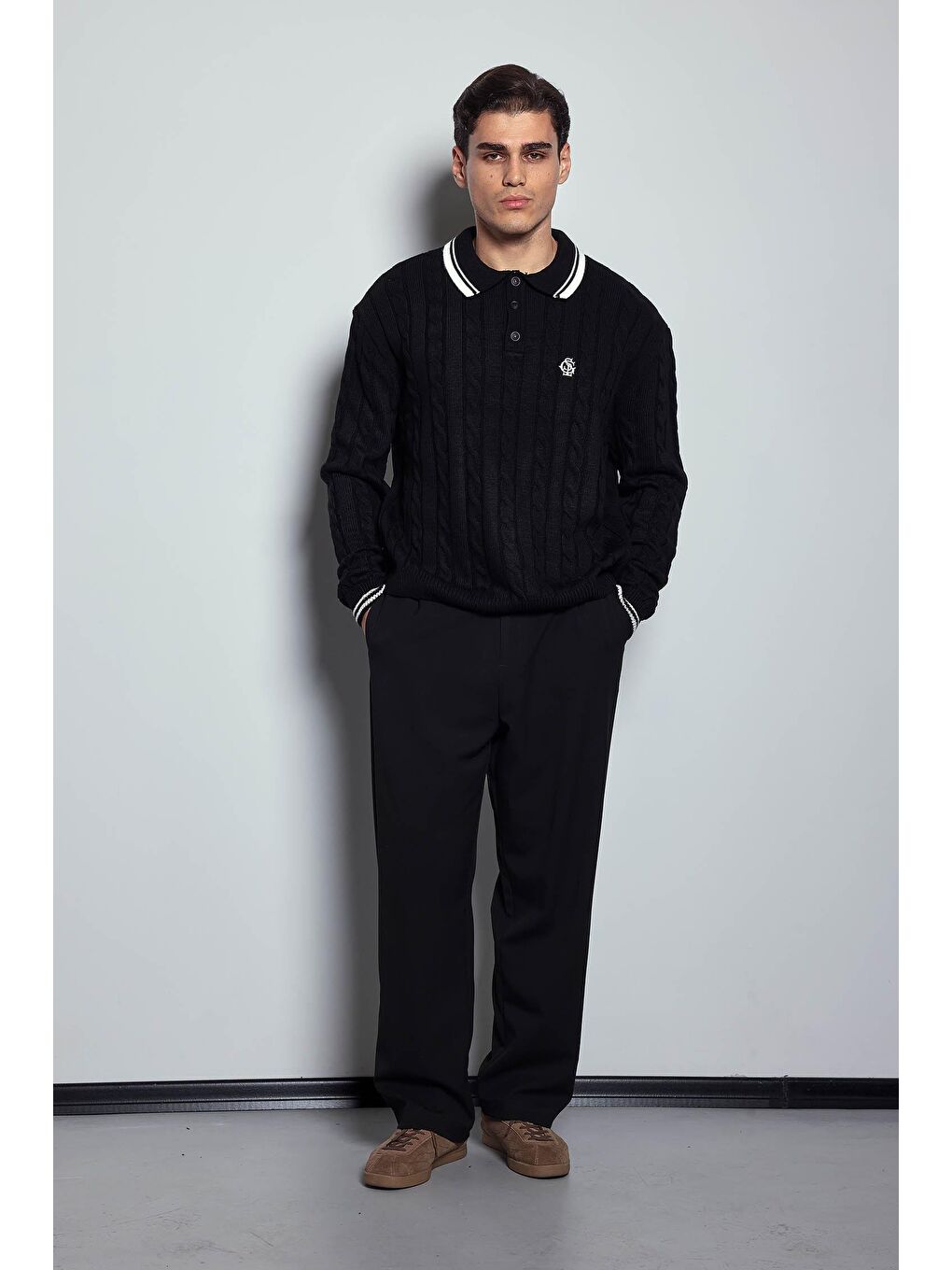 Erkek Oversize Polo Yaka Örgü Desenli Triko Kazak Siyah-6