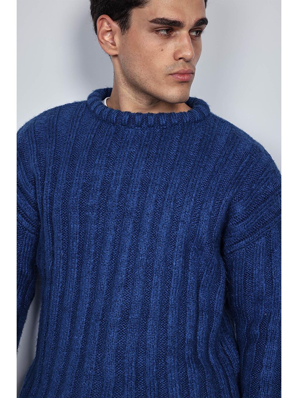 İndigo Erkek Oversize Kalın Fitilli Triko Kazak Indigo-1