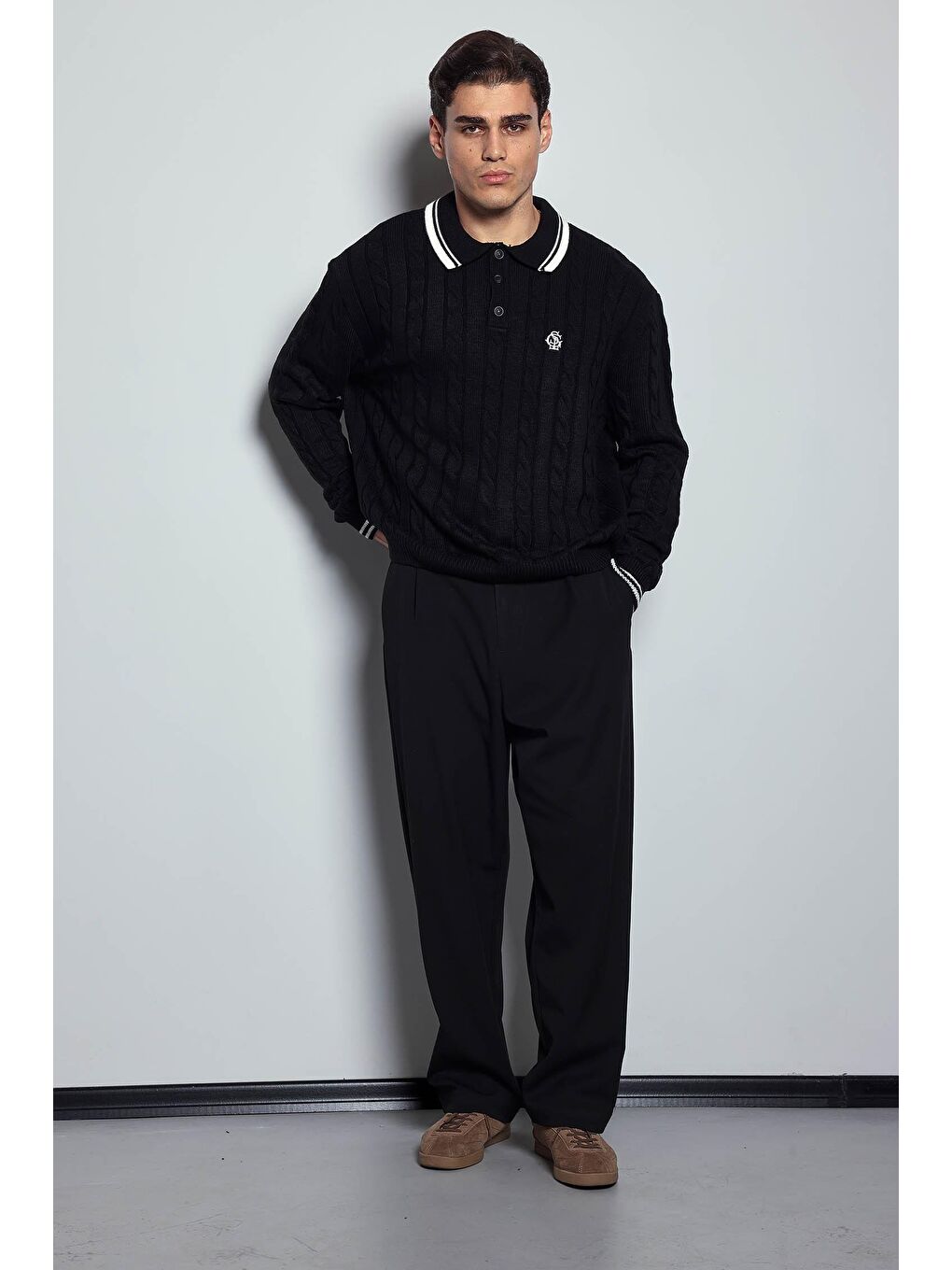 Erkek Oversize Polo Yaka Örgü Desenli Triko Kazak Siyah-7