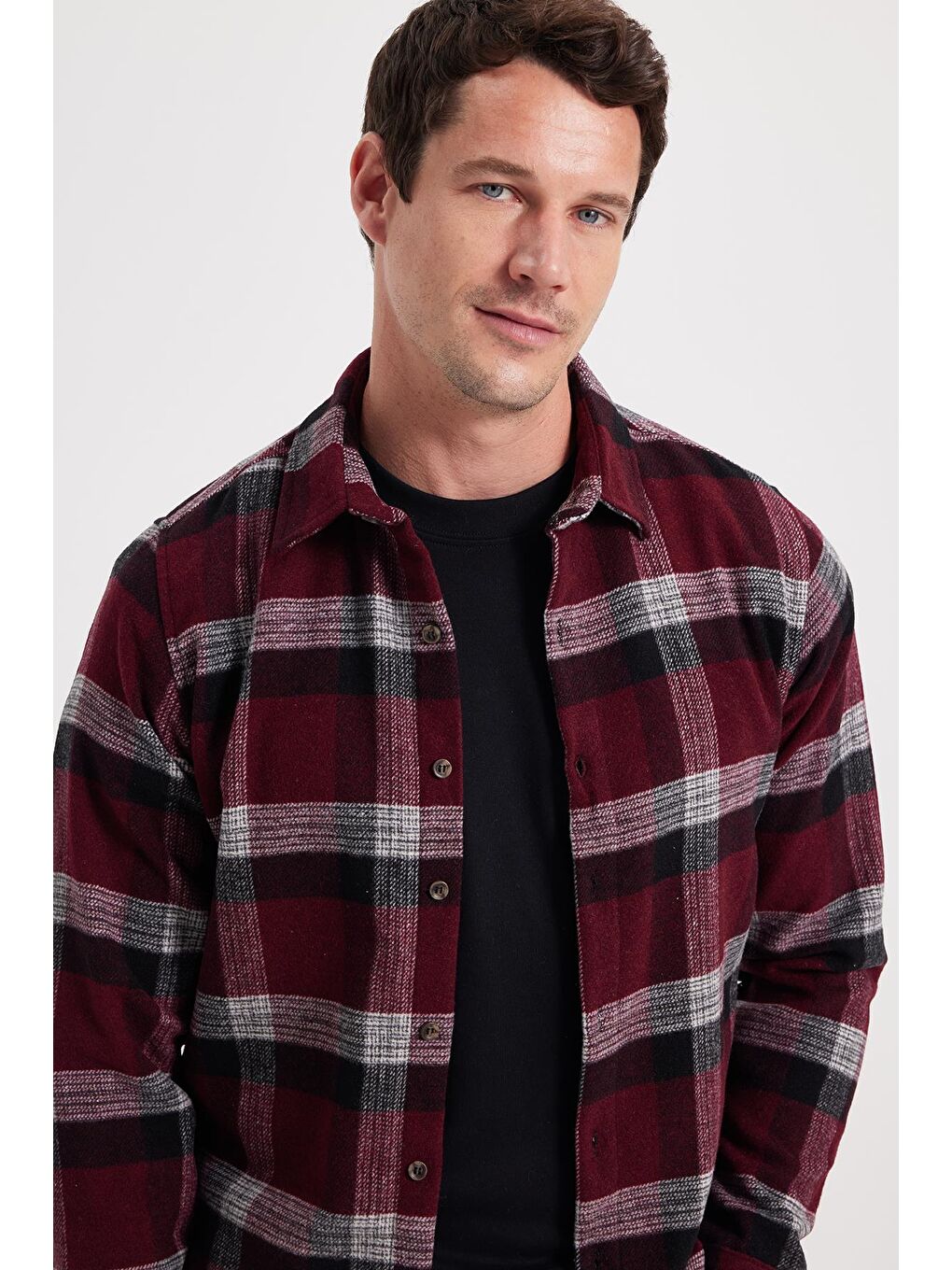 Bordo Erkek Slim Fit Dar Kesim Kareli Kışlık Oduncu Gömlek