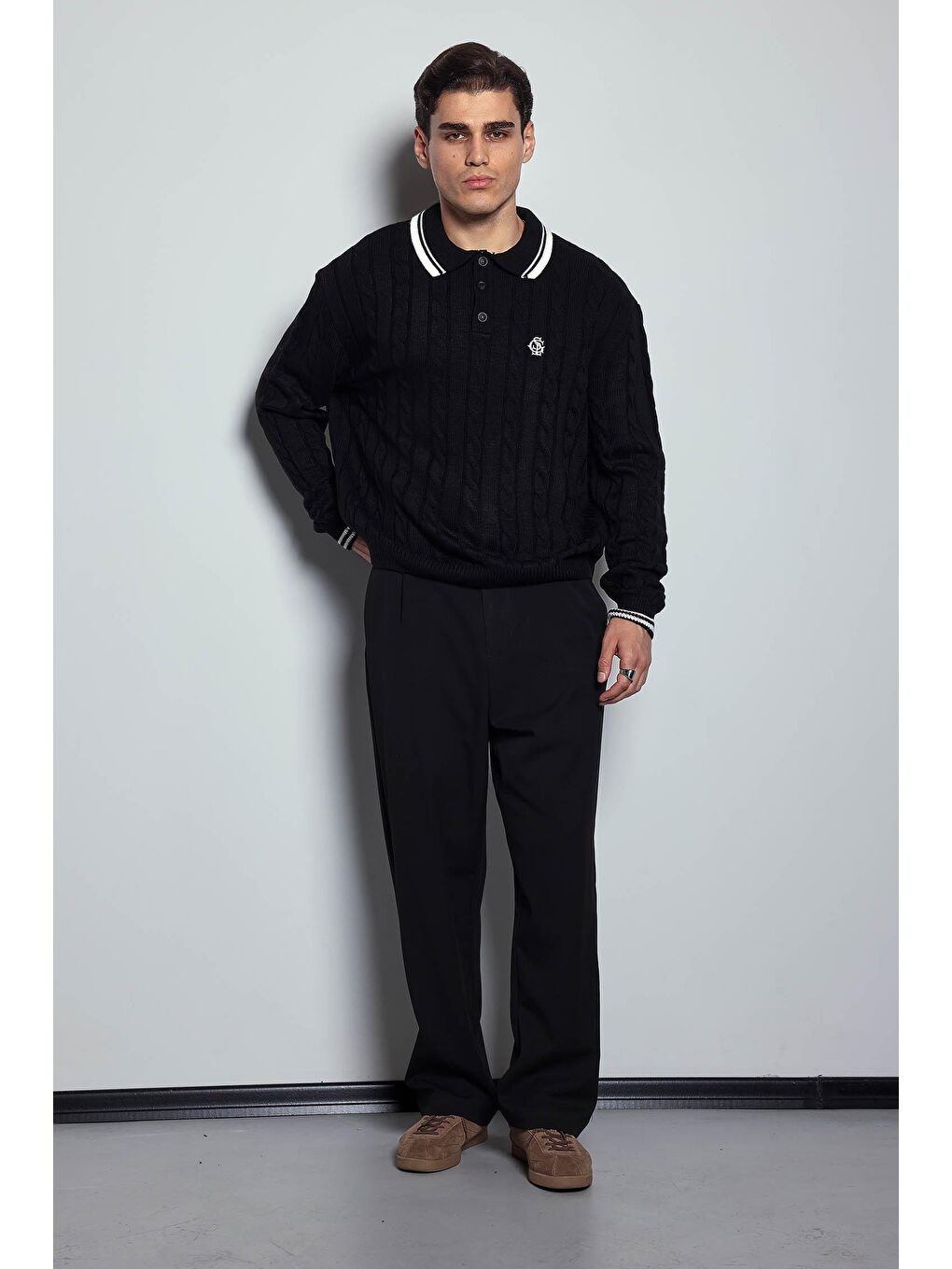 Erkek Oversize Polo Yaka Örgü Desenli Triko Kazak Siyah-8