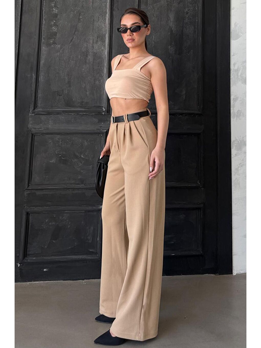 Bej Çift Pileli Kemerli Pantolon Mg2330-1