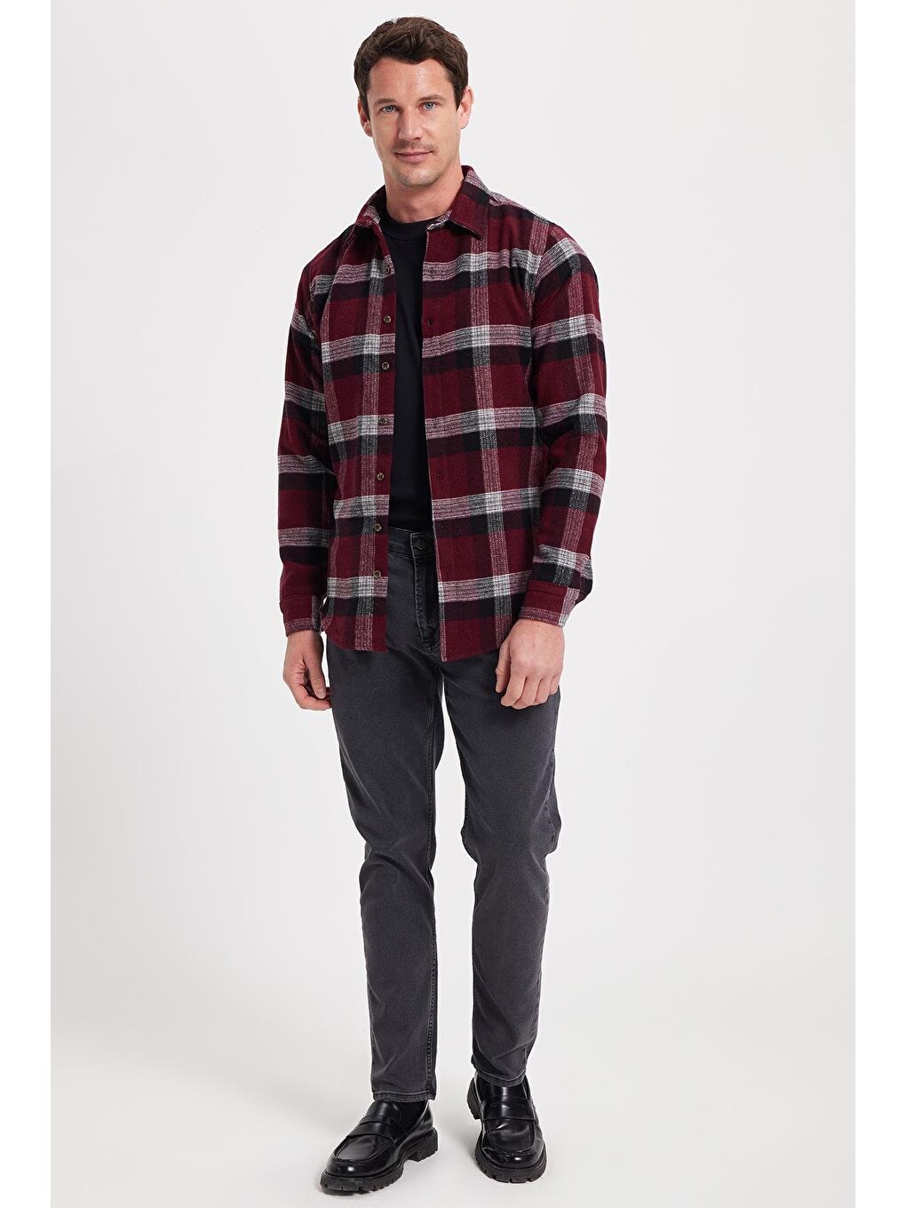 Bordo Erkek Slim Fit Dar Kesim Kareli Kışlık Oduncu Gömlek-1