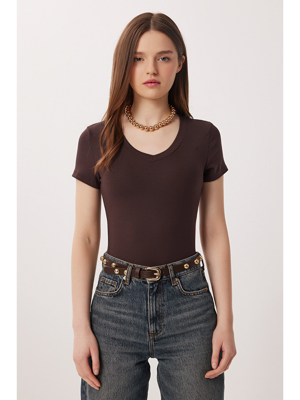Kahverengi V Yaka Basic Örme T-shirt KAHVERENGİ LDZ0069-1
