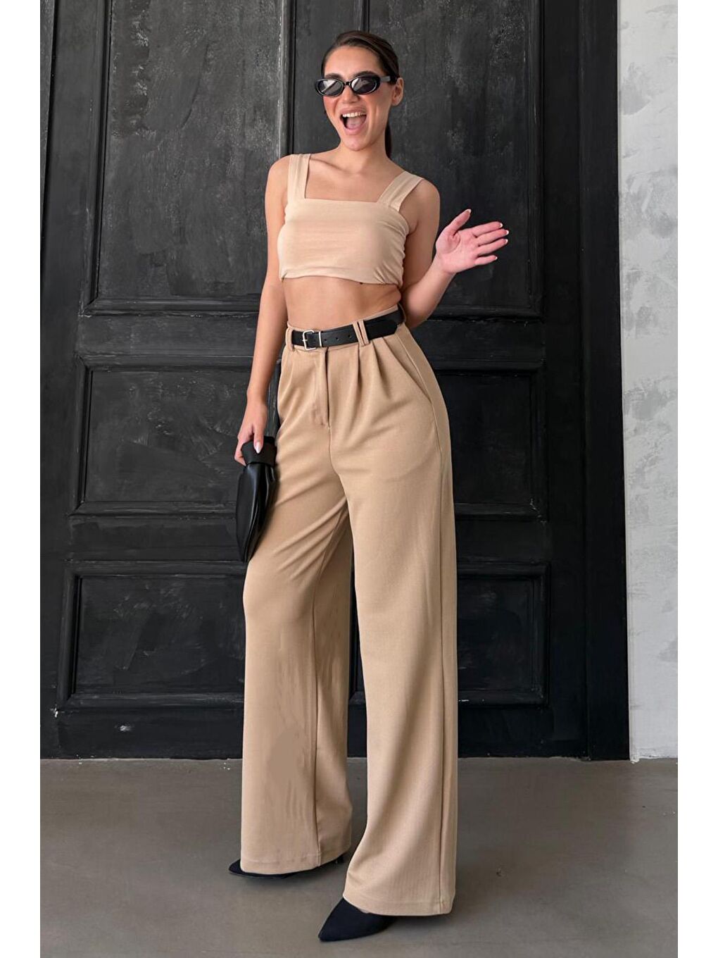 Bej Çift Pileli Kemerli Pantolon Mg2330-3