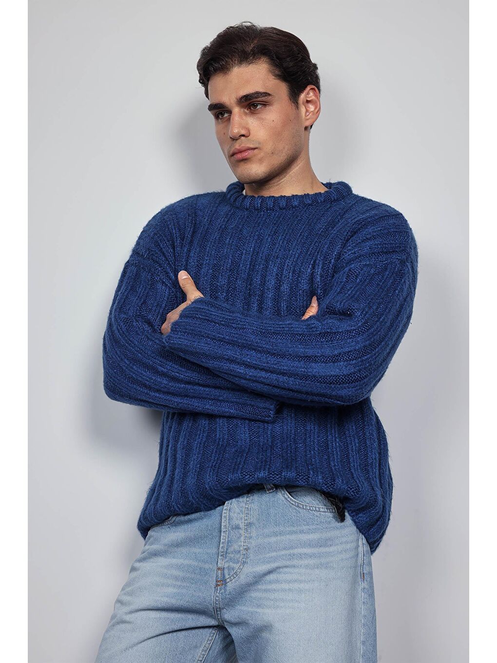 İndigo Erkek Oversize Kalın Fitilli Triko Kazak Indigo-4