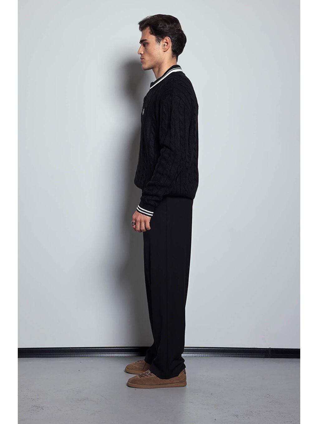 Erkek Oversize Polo Yaka Örgü Desenli Triko Kazak Siyah-10