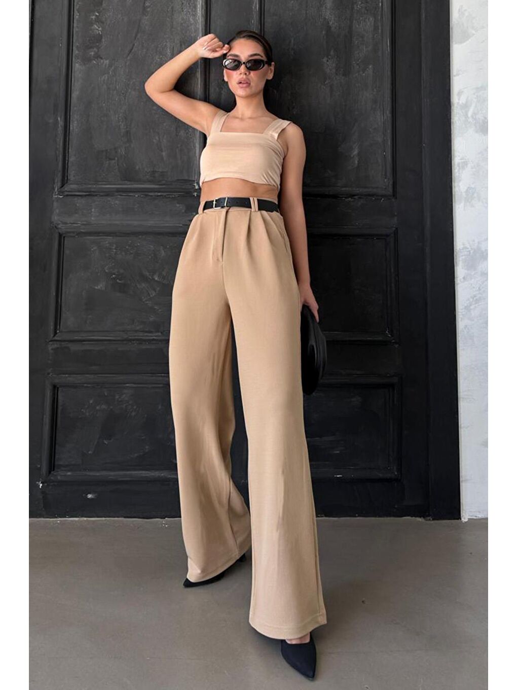 Bej Çift Pileli Kemerli Pantolon Mg2330-5