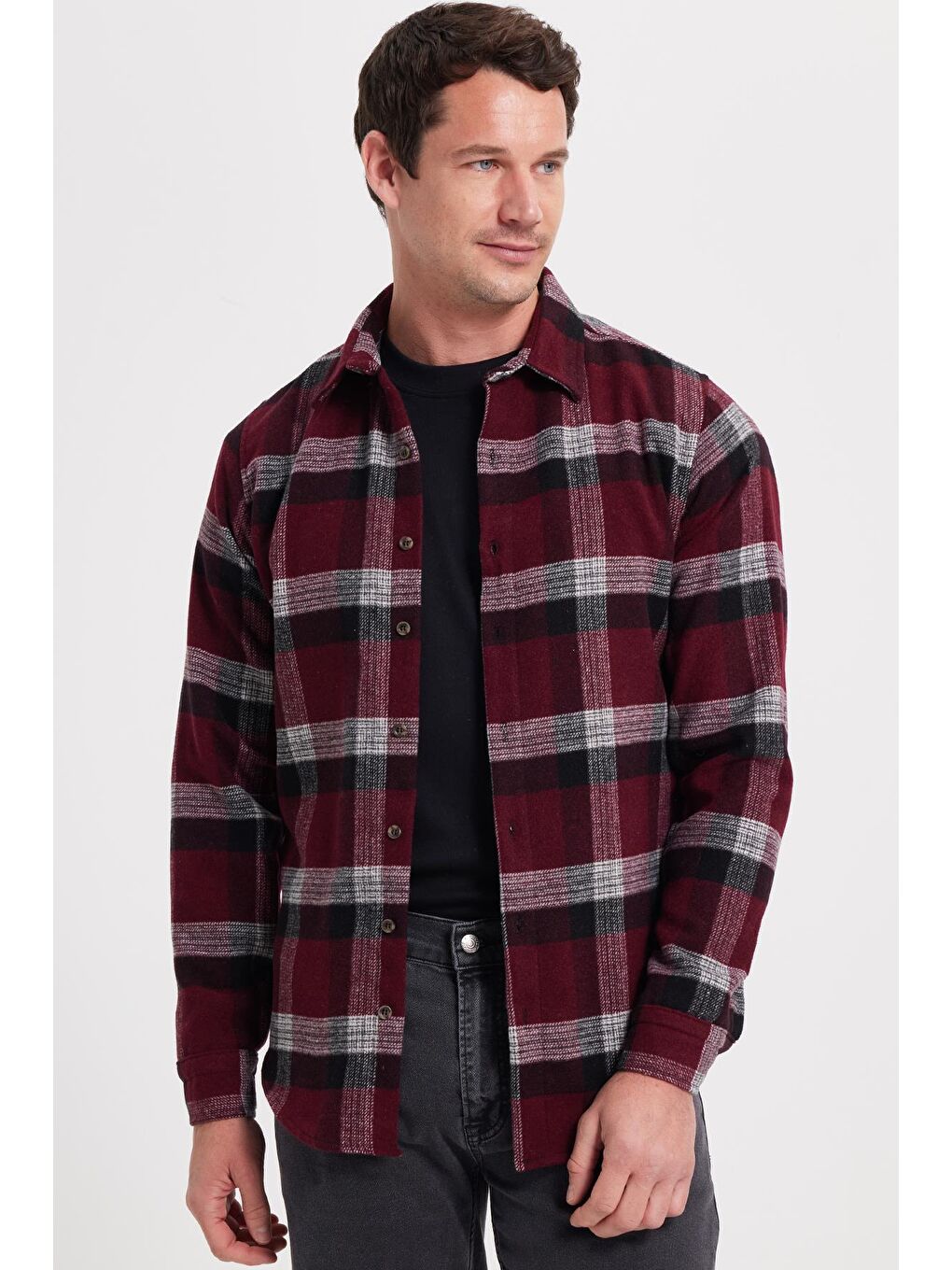 Bordo Erkek Slim Fit Dar Kesim Kareli Kışlık Oduncu Gömlek-2