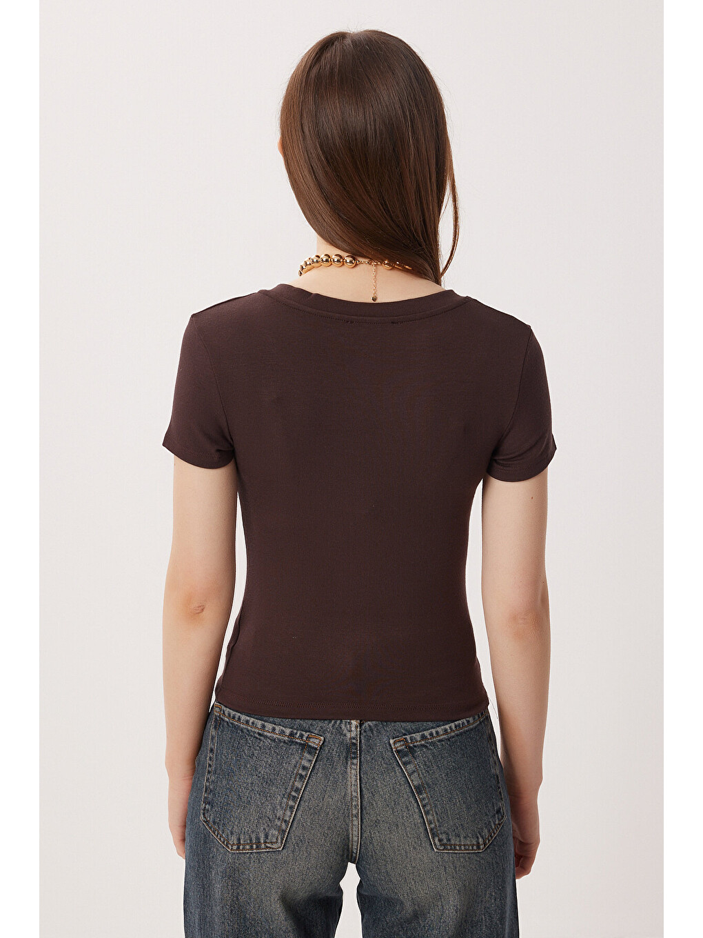 Kahverengi V Yaka Basic Örme T-shirt KAHVERENGİ LDZ0069-4