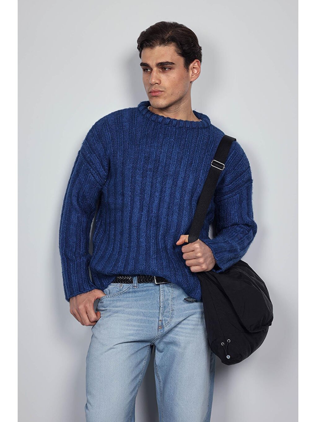 İndigo Erkek Oversize Kalın Fitilli Triko Kazak Indigo-5
