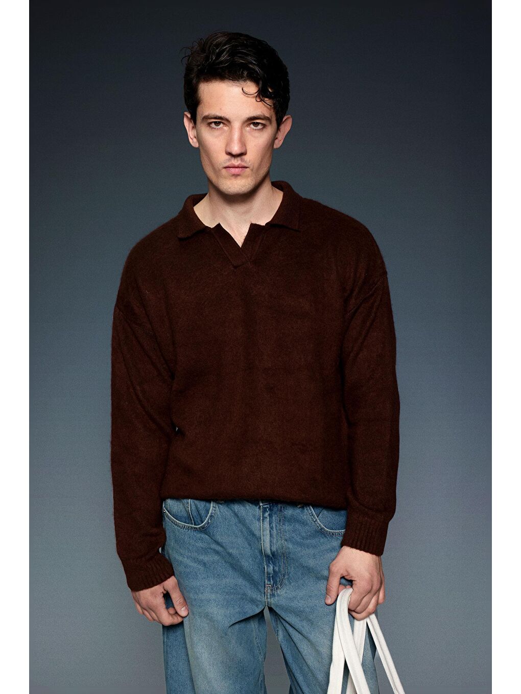 Kahverengi Erkek Polo Yaka Yumuşak Dokulu Oversize Kazak Kahve
