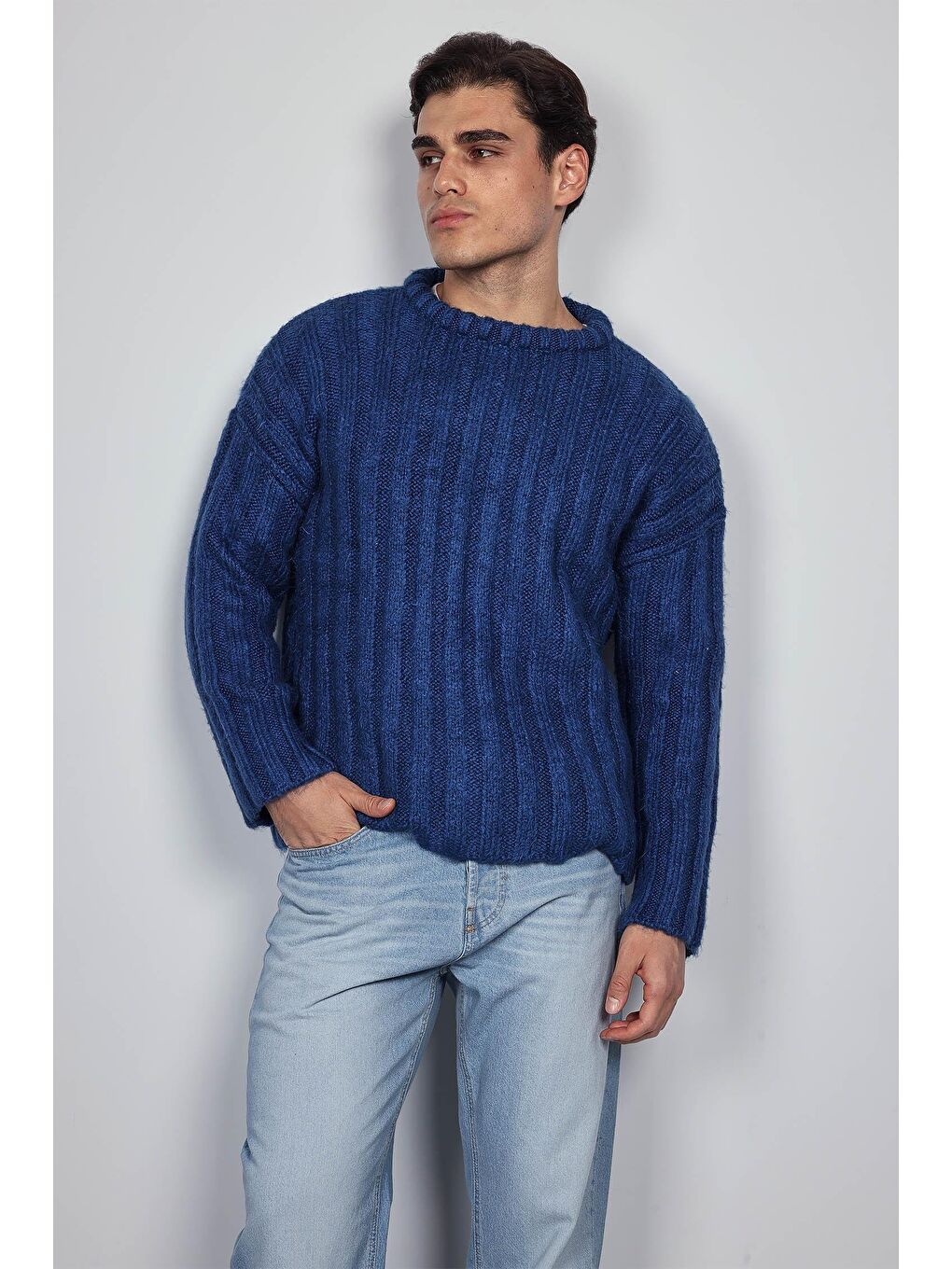 İndigo Erkek Oversize Kalın Fitilli Triko Kazak Indigo-6