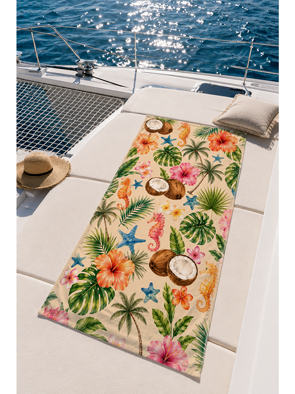 Ekru Hindistan Cevizi Tropik Çiçek Desenli 70x150 Plaj Havlusu-4