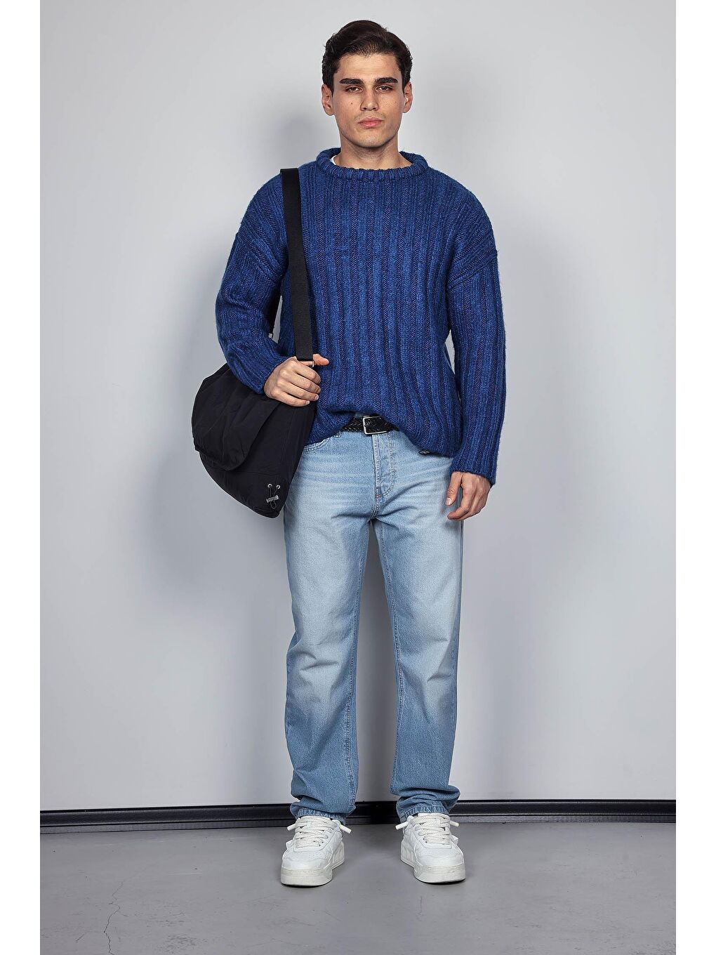 İndigo Erkek Oversize Kalın Fitilli Triko Kazak Indigo-7