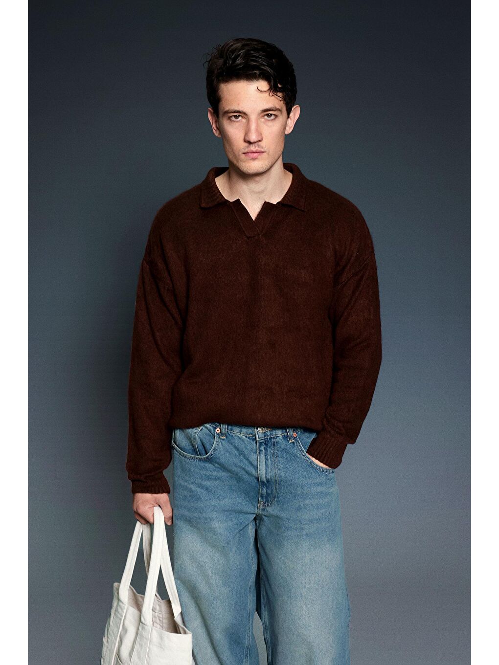 Kahverengi Erkek Polo Yaka Yumuşak Dokulu Oversize Kazak Kahve-1