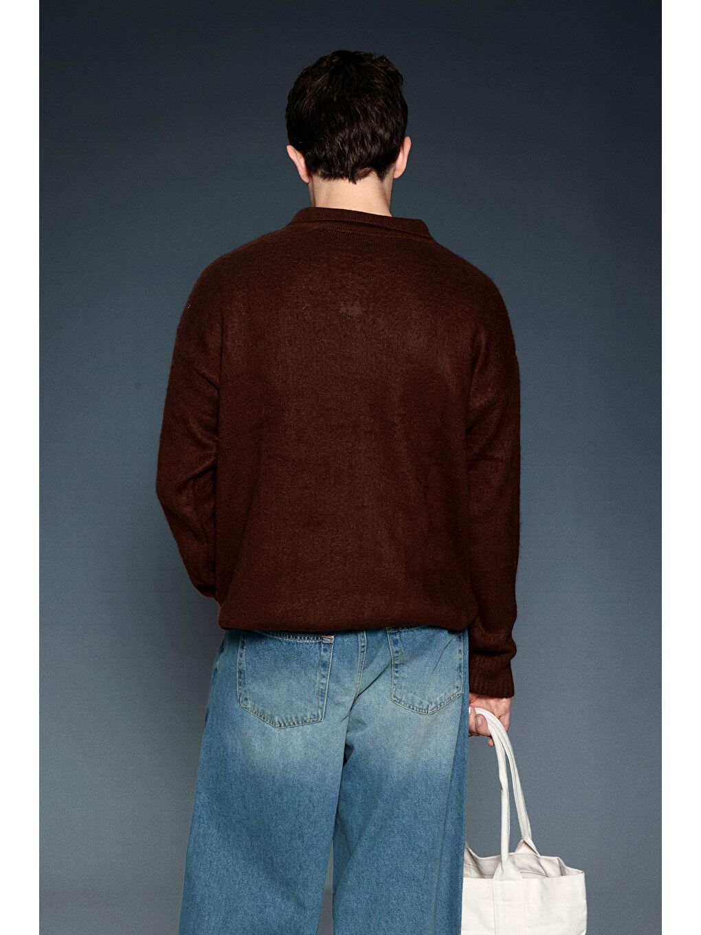 Kahverengi Erkek Polo Yaka Yumuşak Dokulu Oversize Kazak Kahve-2