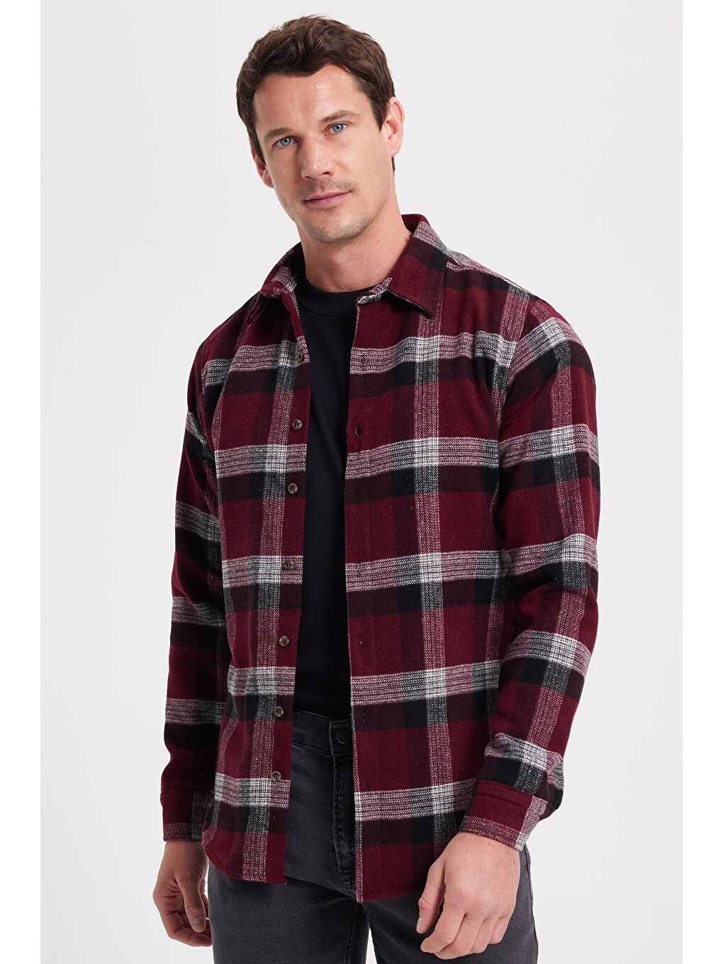 Bordo Erkek Slim Fit Dar Kesim Kareli Kışlık Oduncu Gömlek-6