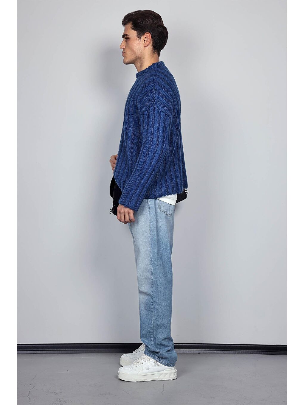 İndigo Erkek Oversize Kalın Fitilli Triko Kazak Indigo-10