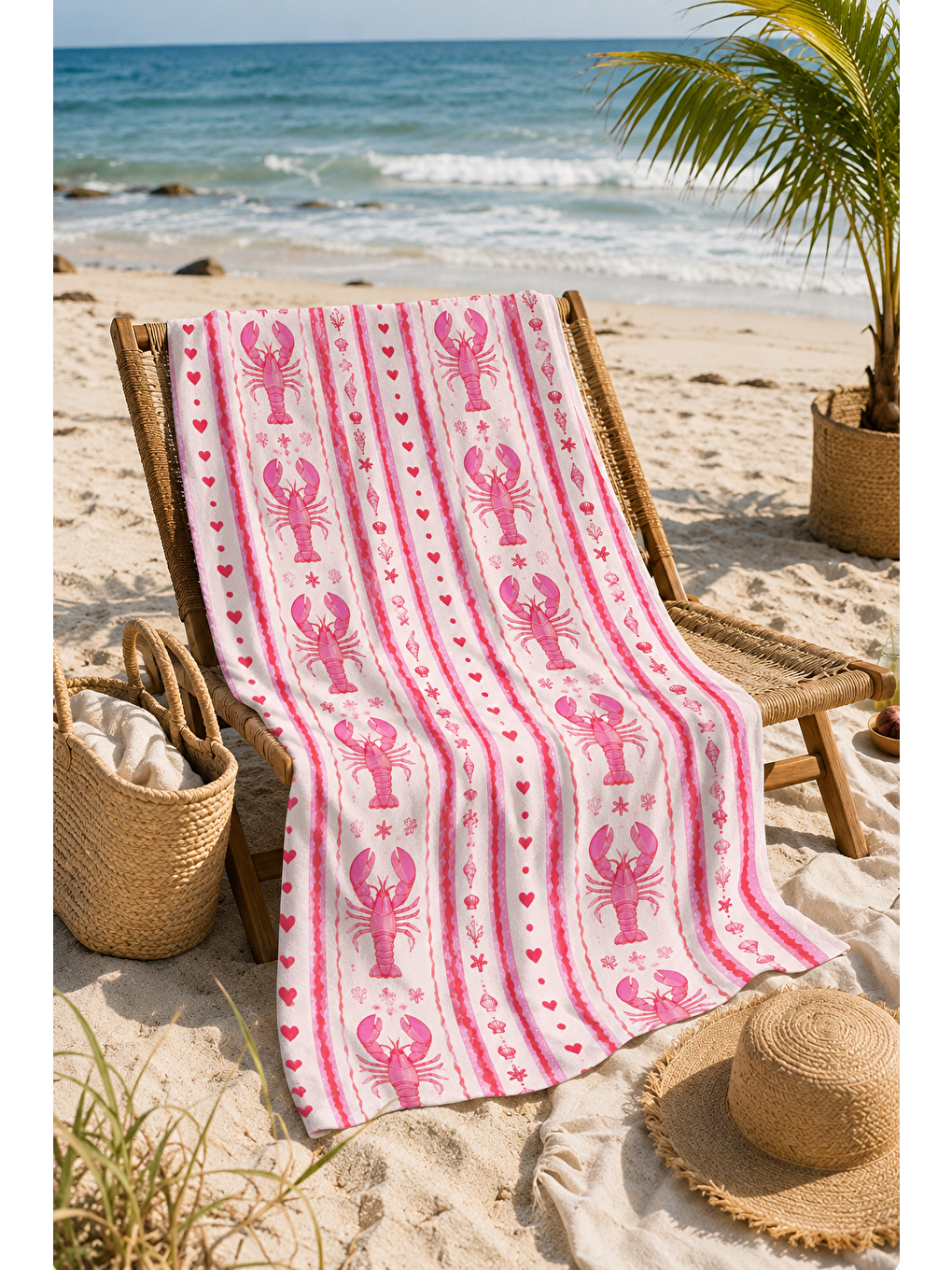 Turkuaz Pembe Dikey Istakoz Şerit Desenli 70x150 Plaj Havlusu-2