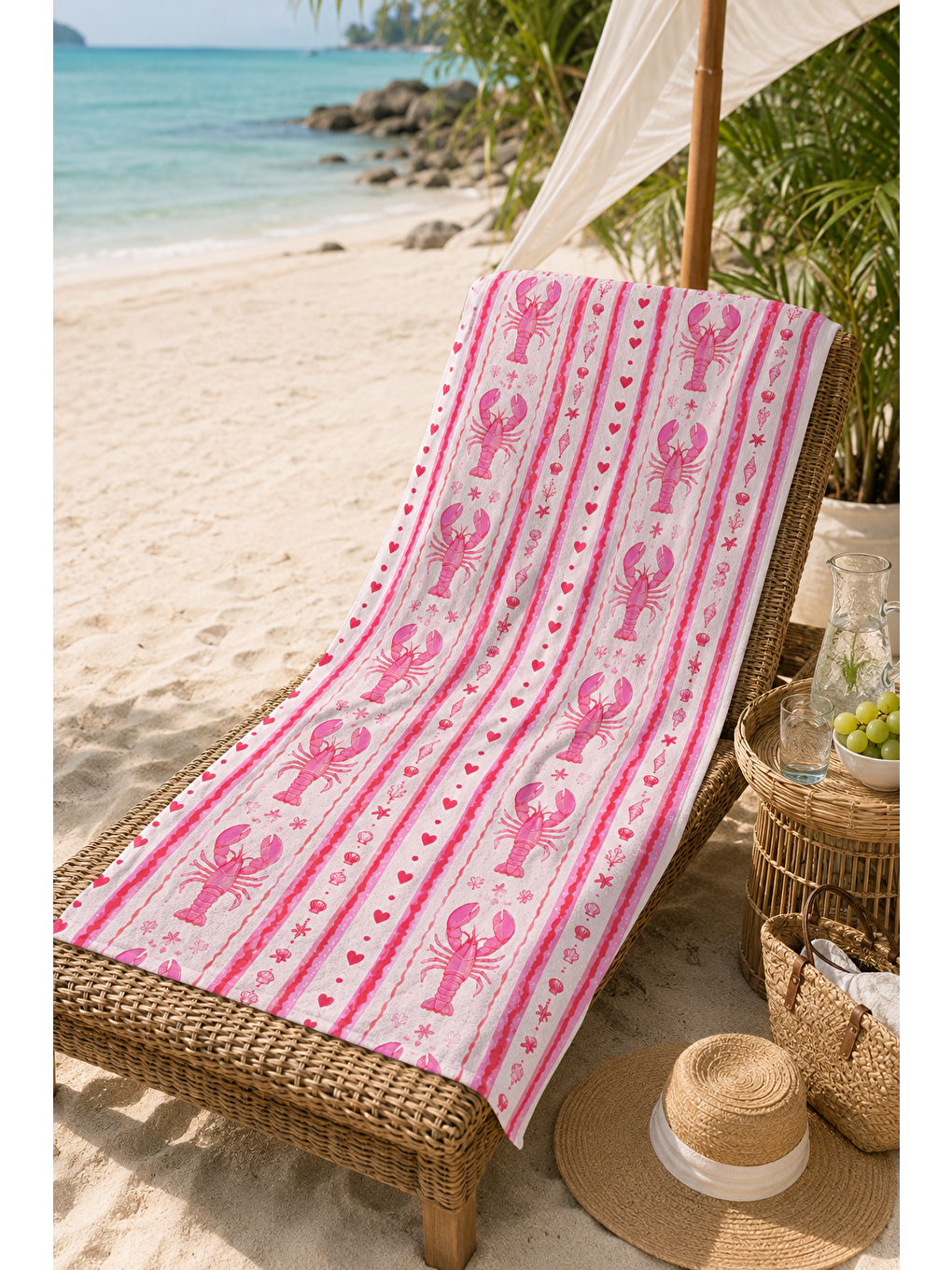Turkuaz Pembe Dikey Istakoz Şerit Desenli 70x150 Plaj Havlusu-4