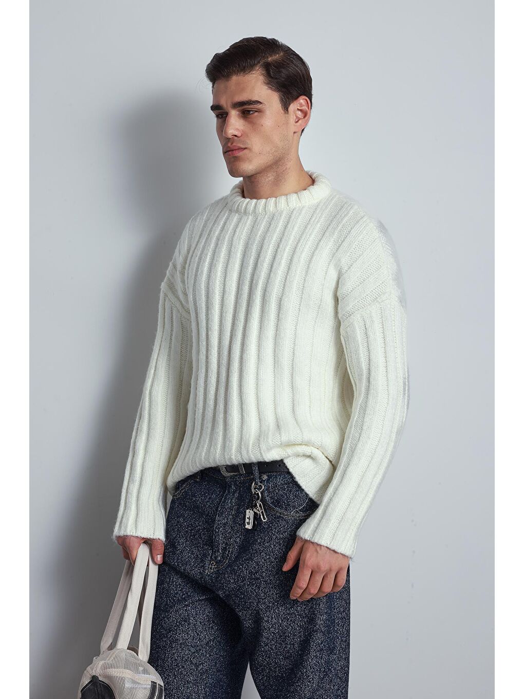 Erkek Oversize Kalın Fitilli Triko Kazak Ekru-1