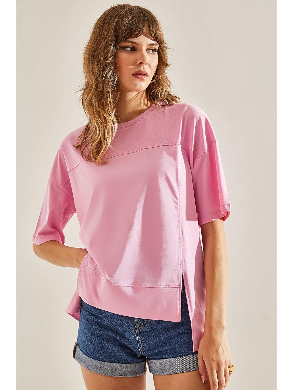 SHADE Pembe Kadın Dikiş Detaylı Bisiklet Yaka Oversize Kesim T-Shirt - 2