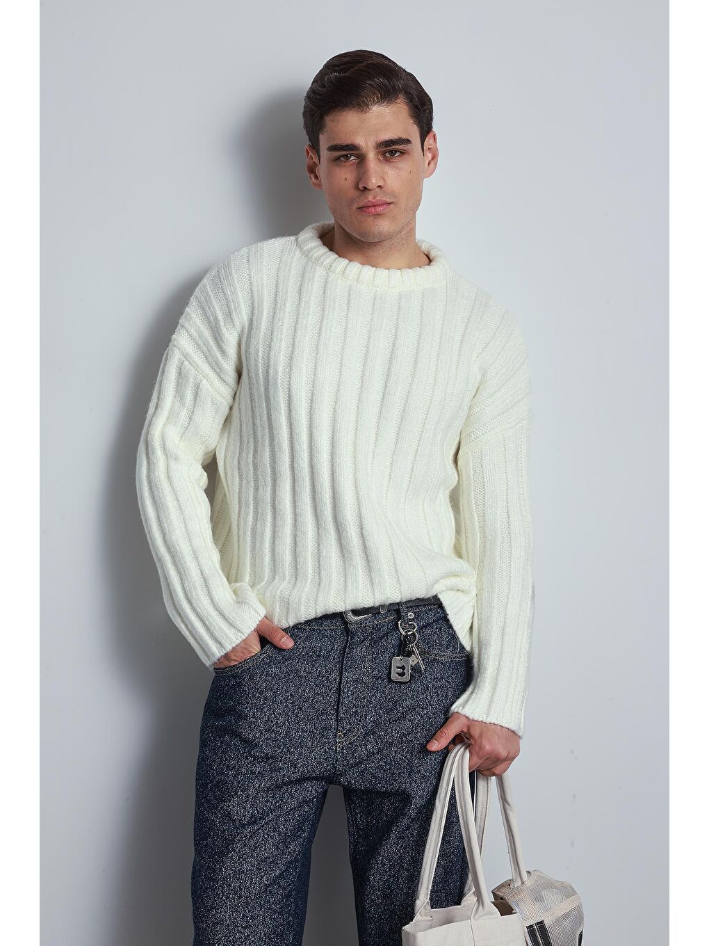 Erkek Oversize Kalın Fitilli Triko Kazak Ekru-2