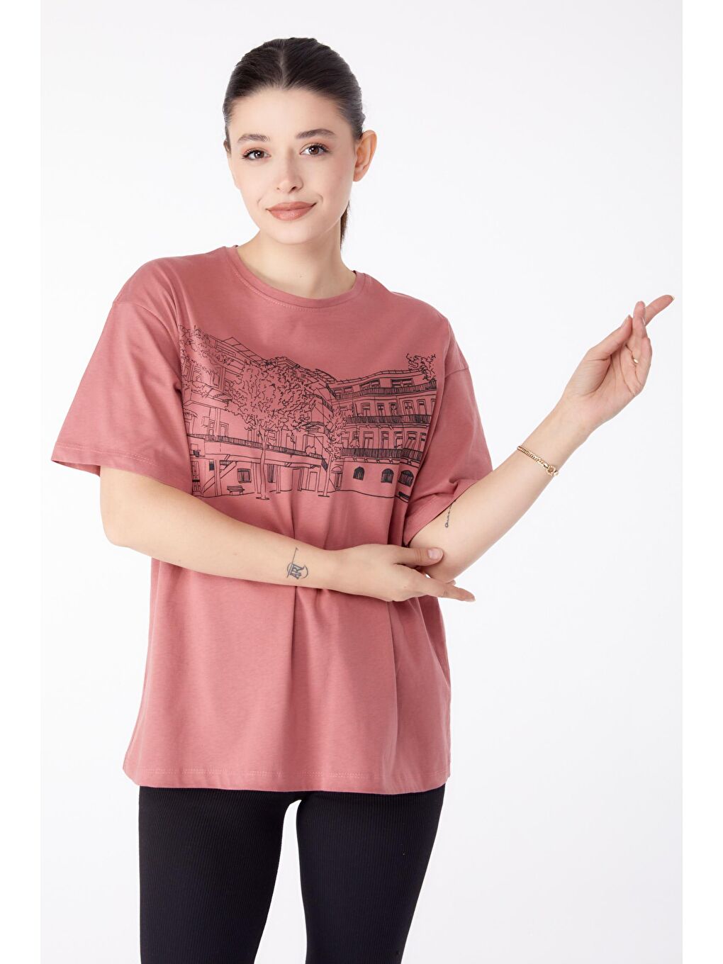 TOFİSA Pembe Düz Bisiklet Yaka Kadın Pembe Baskılı Kısa Kollu T-Shirt  - 25389