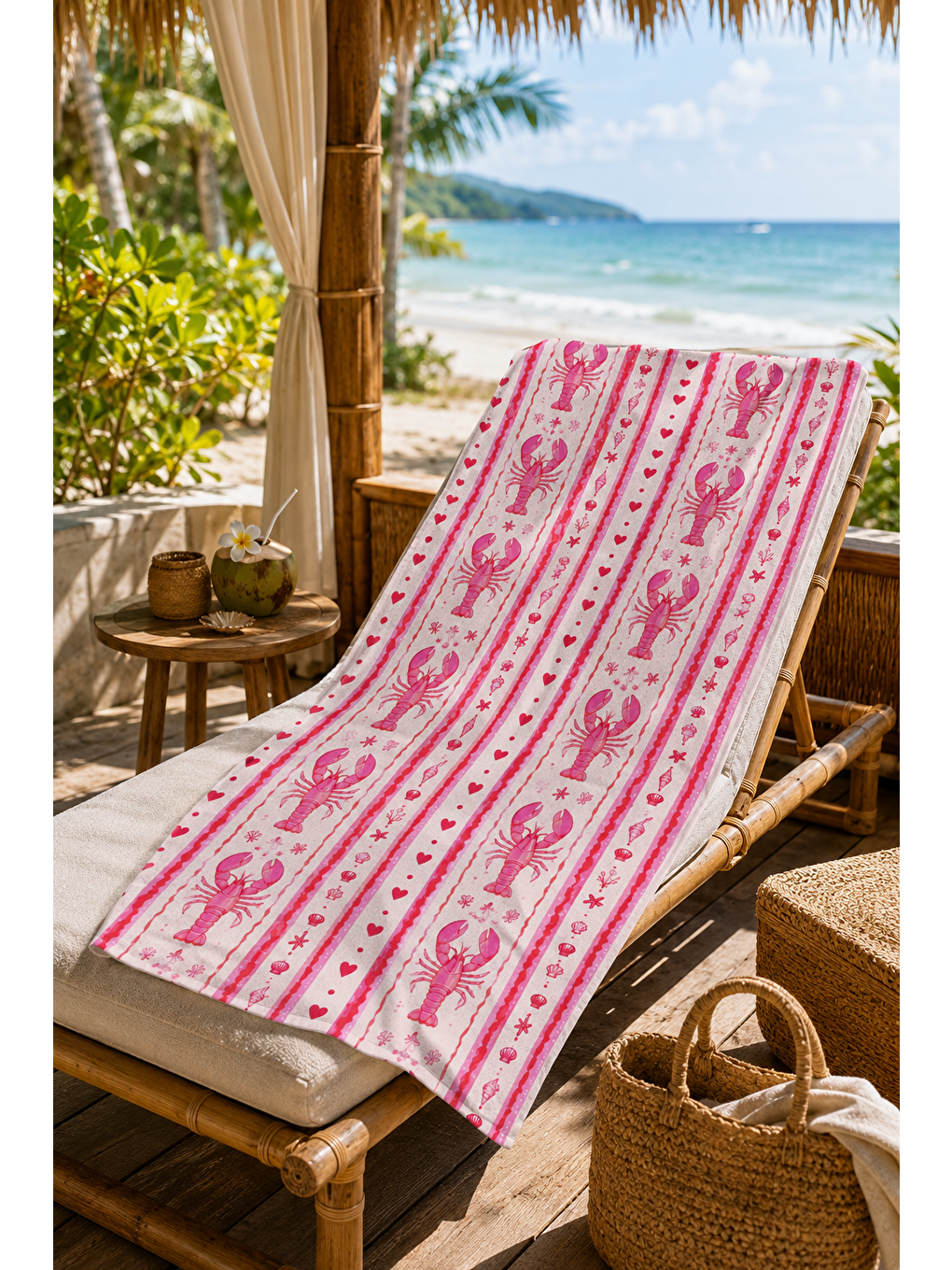 Turkuaz Pembe Dikey Istakoz Şerit Desenli 70x150 Plaj Havlusu-6