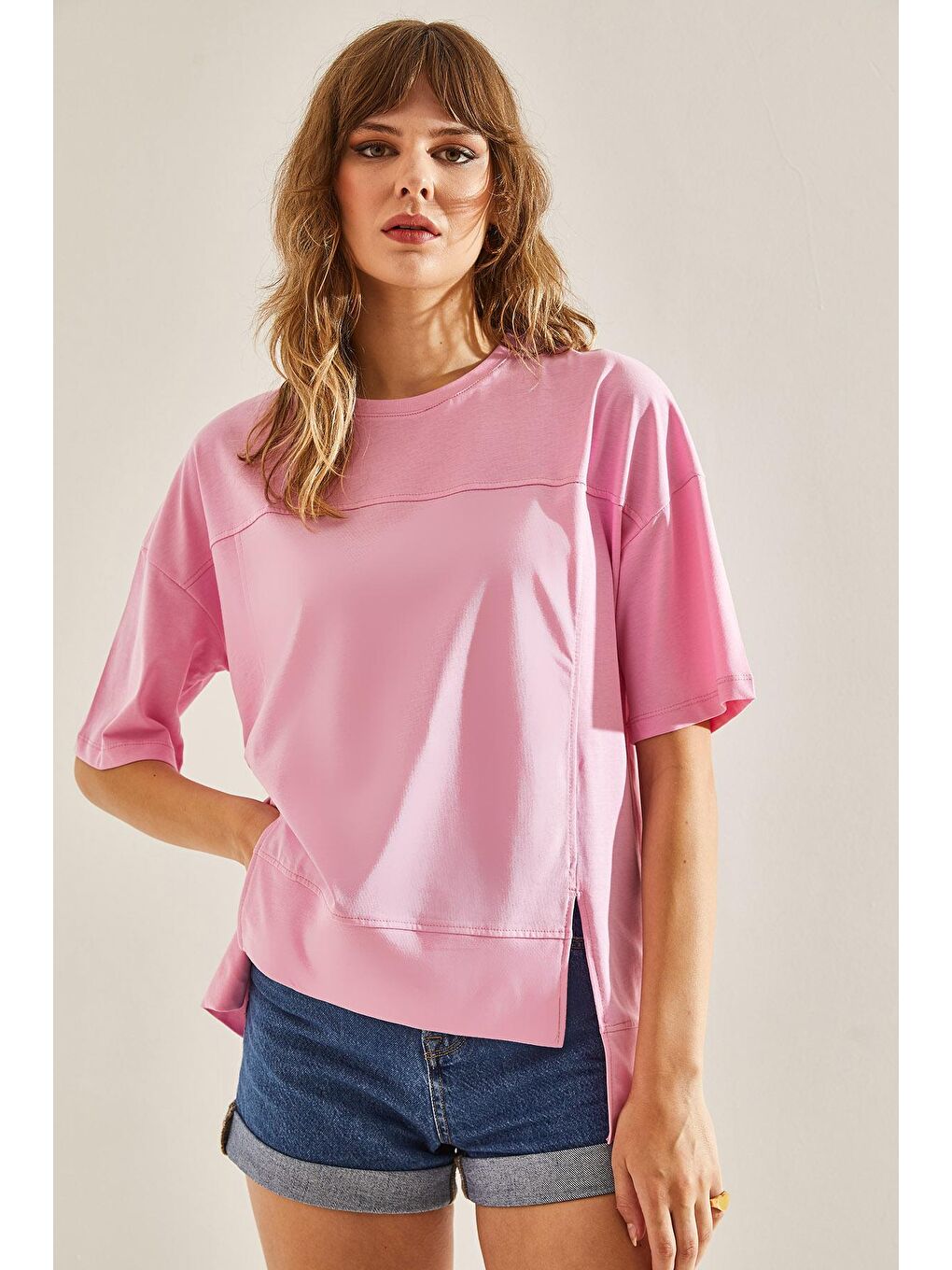 SHADE Pembe Kadın Dikiş Detaylı Bisiklet Yaka Oversize Kesim T-Shirt - 3