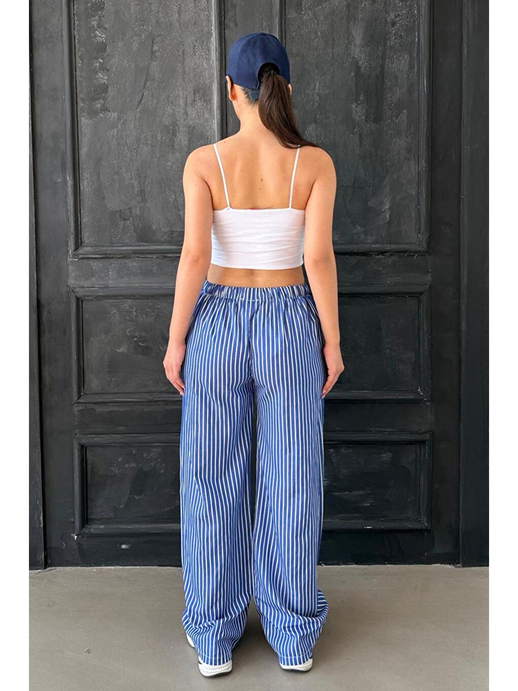 Lacivert Beli Ayarlanabilir Çizgili Cepli Bol Paça Kadın Pantolon Mg2312-3