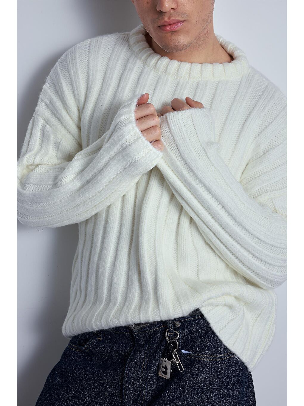 Erkek Oversize Kalın Fitilli Triko Kazak Ekru-3