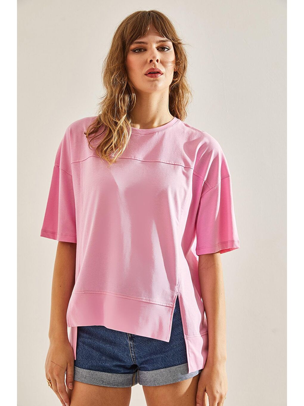 SHADE Pembe Kadın Dikiş Detaylı Bisiklet Yaka Oversize Kesim T-Shirt - 4