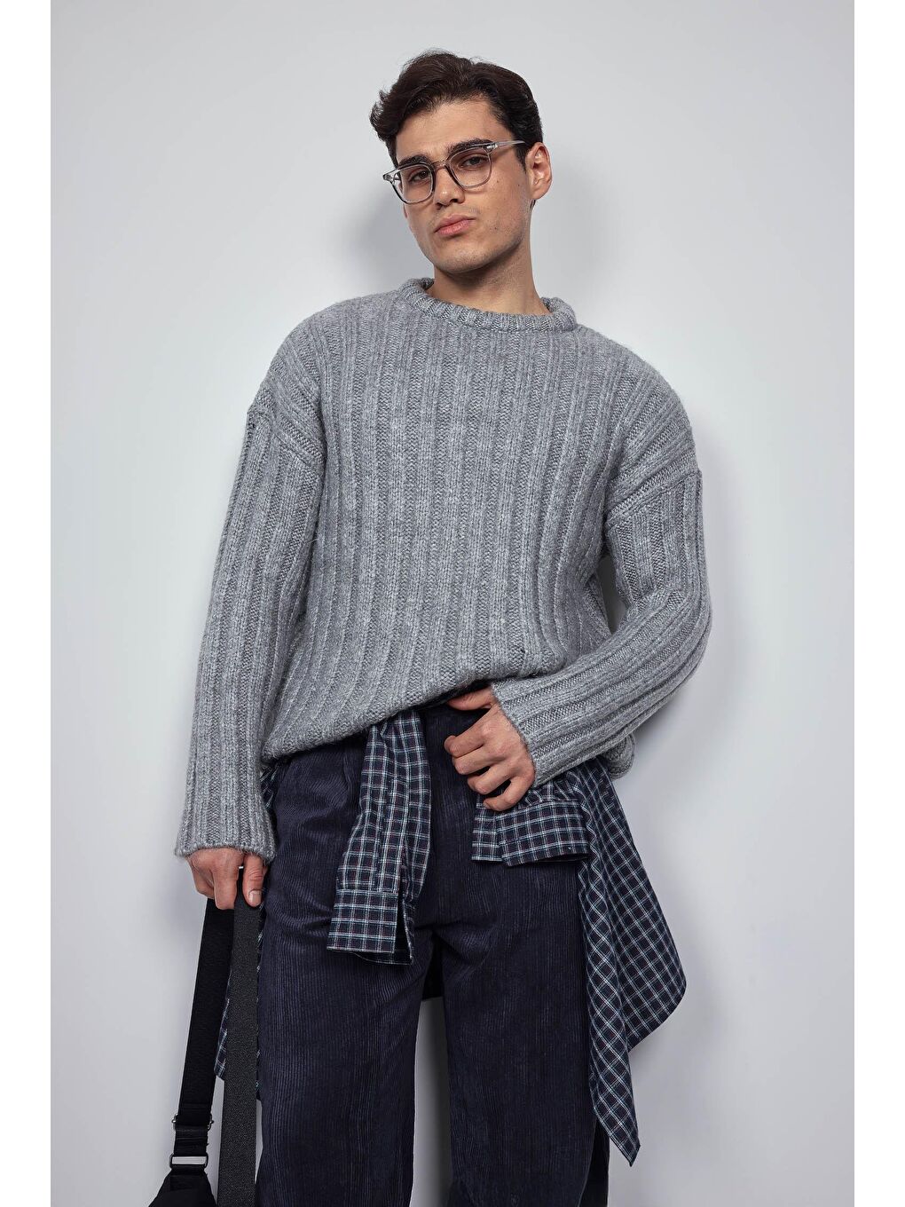 Erkek Oversize Kalın Fitilli Triko Kazak Gri