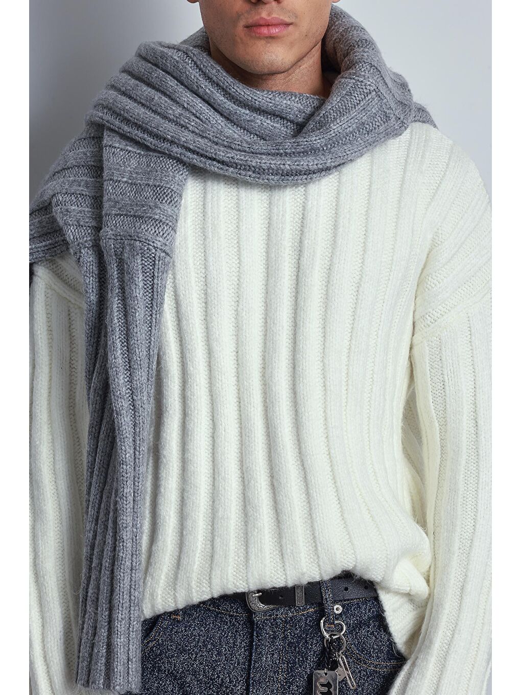 Erkek Oversize Kalın Fitilli Triko Kazak Ekru-4