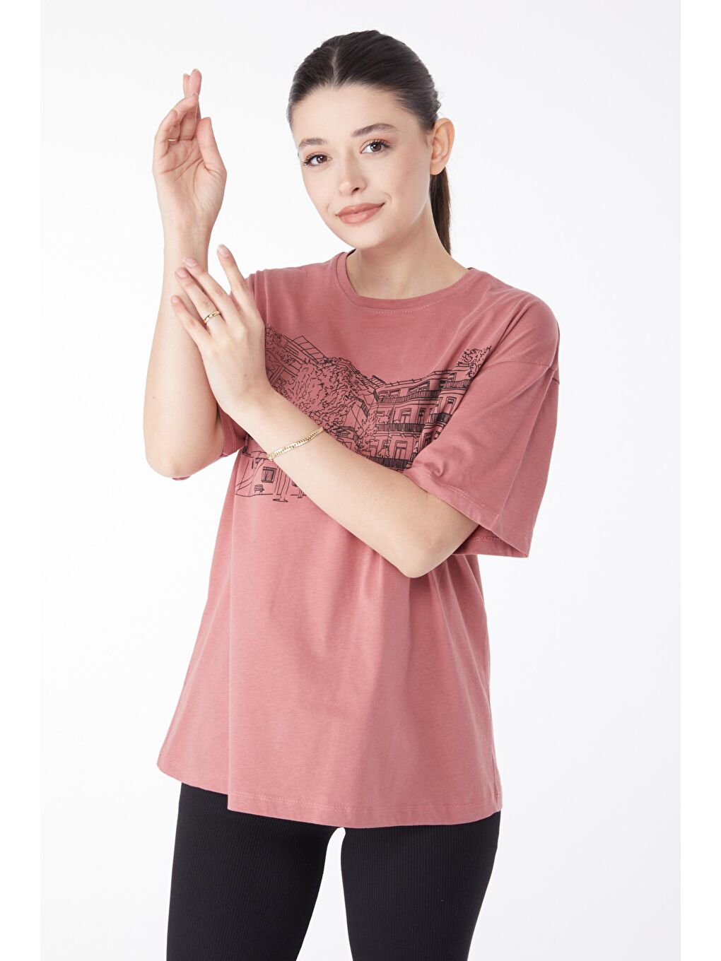 TOFİSA Pembe Düz Bisiklet Yaka Kadın Pembe Baskılı Kısa Kollu T-Shirt  - 25389 - 1