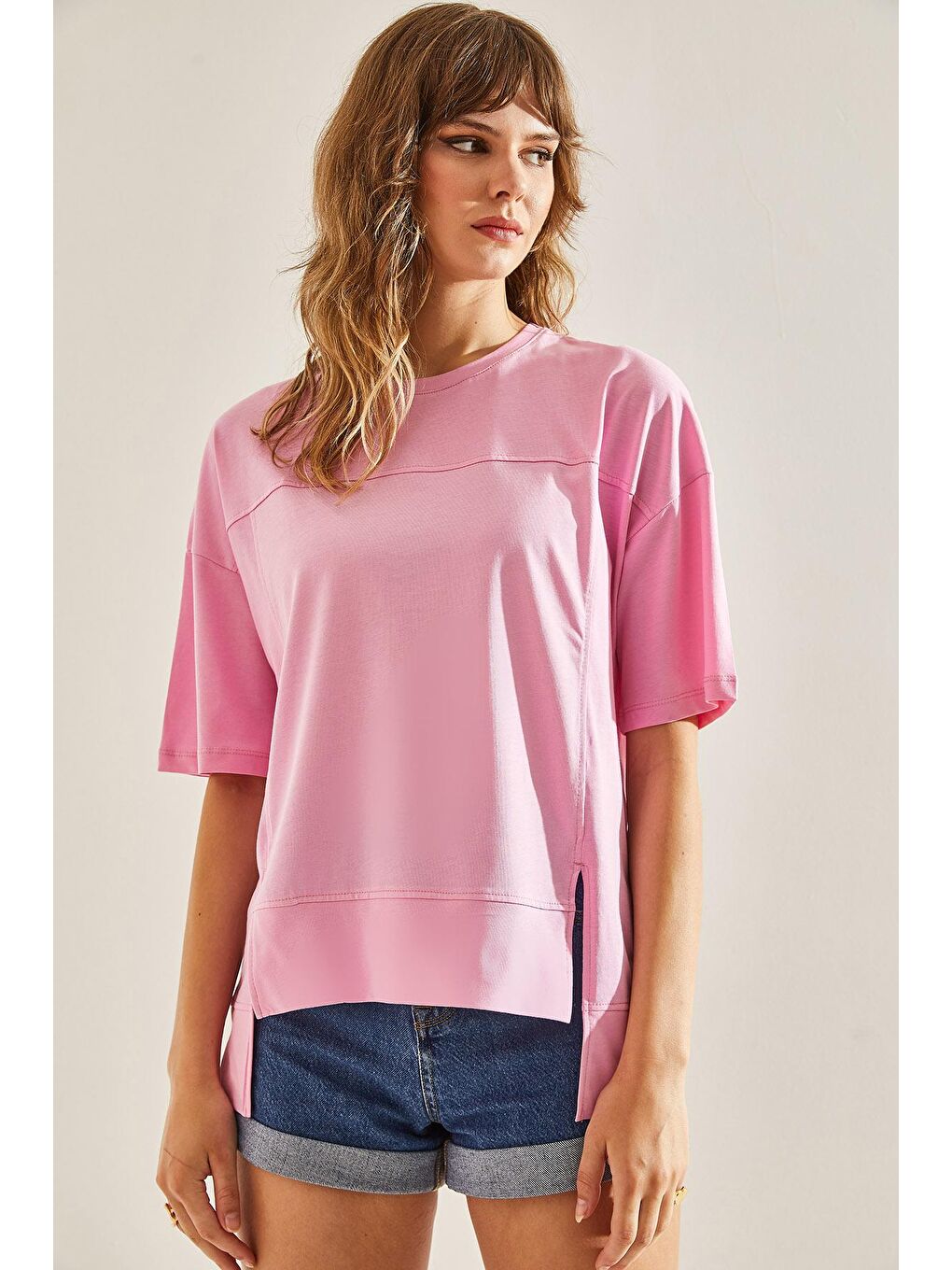 SHADE Pembe Kadın Dikiş Detaylı Bisiklet Yaka Oversize Kesim T-Shirt - 5