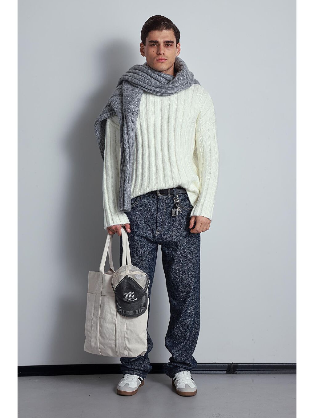 Erkek Oversize Kalın Fitilli Triko Kazak Ekru-5