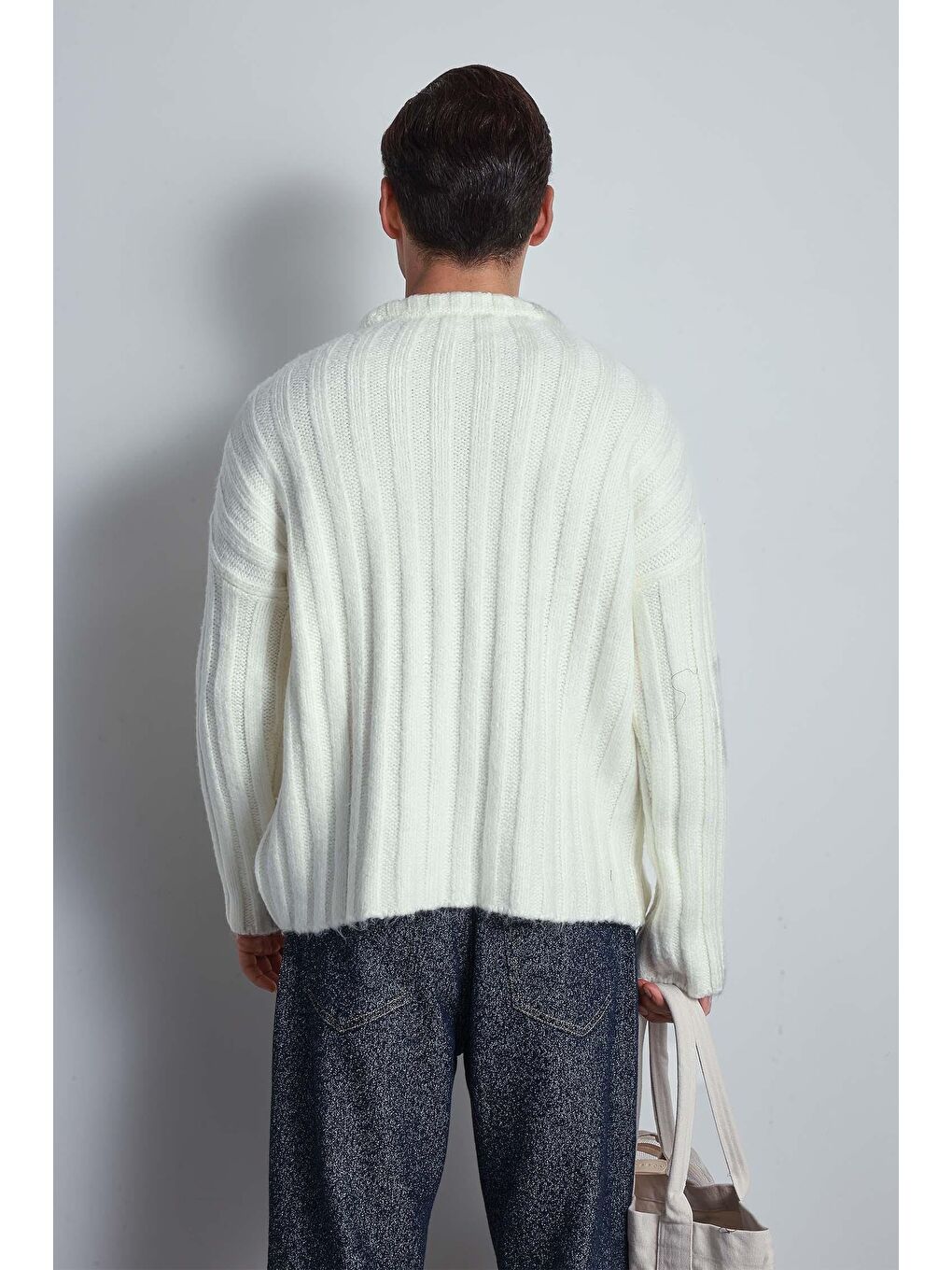 Erkek Oversize Kalın Fitilli Triko Kazak Ekru-6