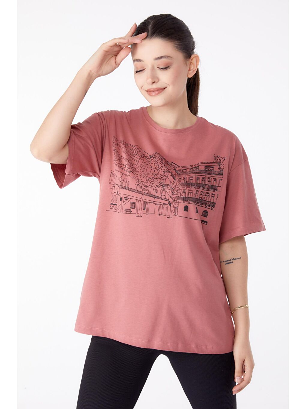 TOFİSA Pembe Düz Bisiklet Yaka Kadın Pembe Baskılı Kısa Kollu T-Shirt  - 25389 - 2