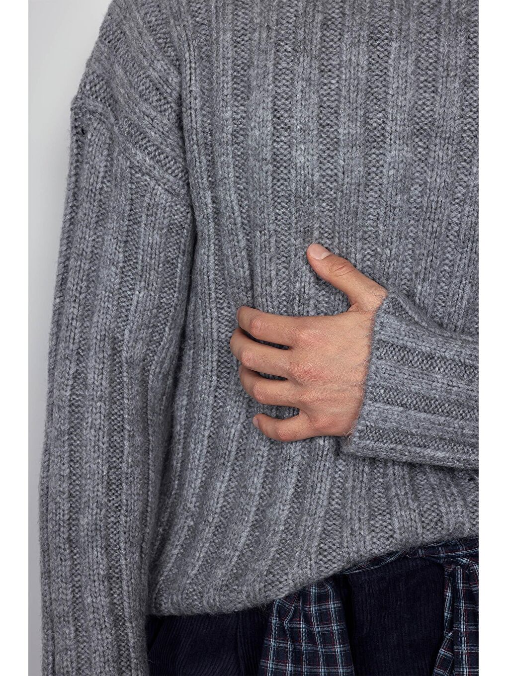 Erkek Oversize Kalın Fitilli Triko Kazak Gri-2