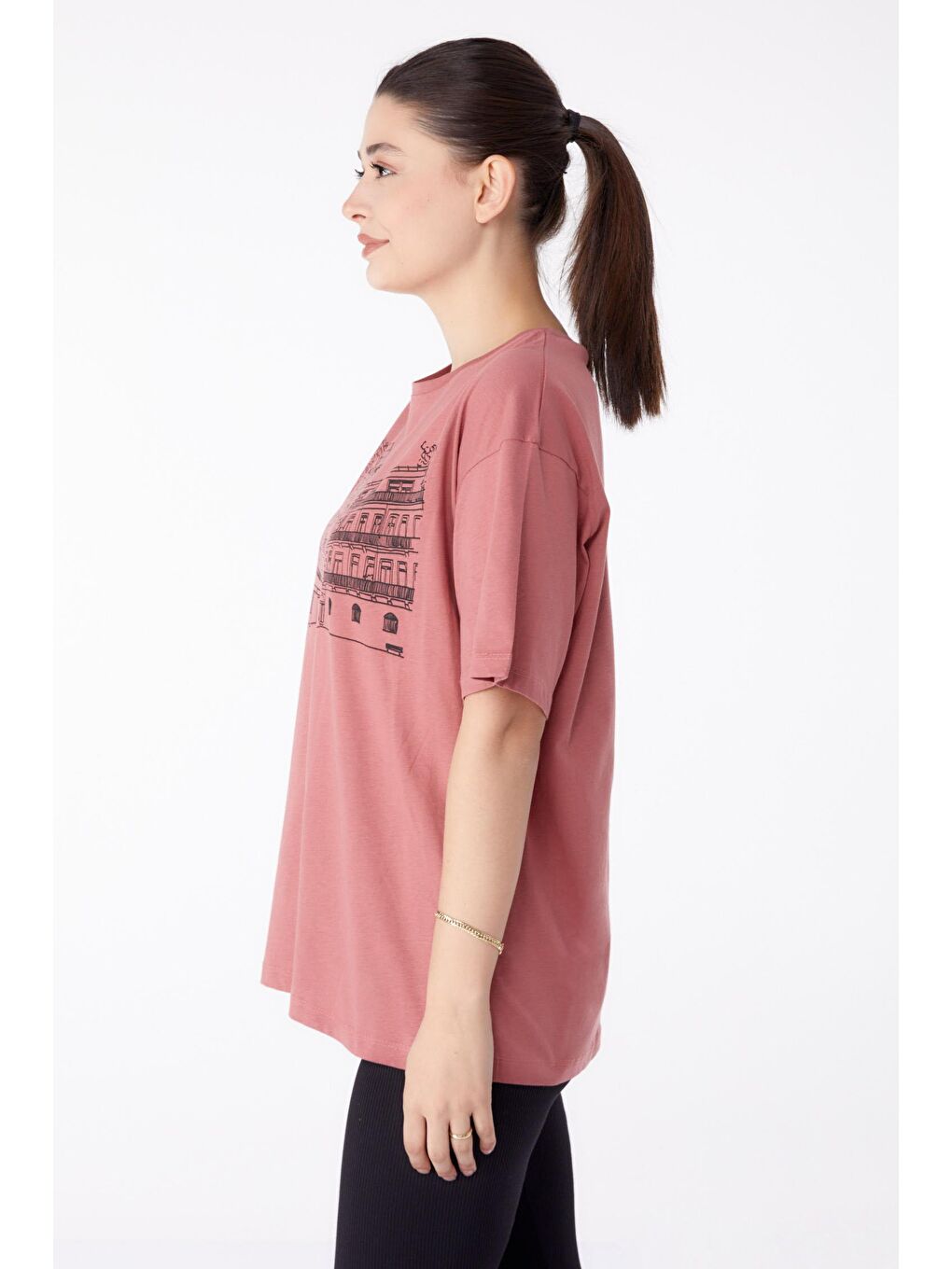 TOFİSA Pembe Düz Bisiklet Yaka Kadın Pembe Baskılı Kısa Kollu T-Shirt  - 25389 - 3