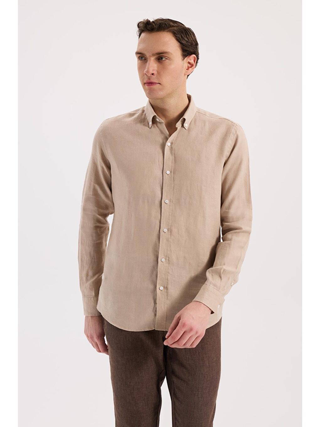 Ekru Krem Comfort Fit %100 Keten Klasik Yaka Gömlek-1